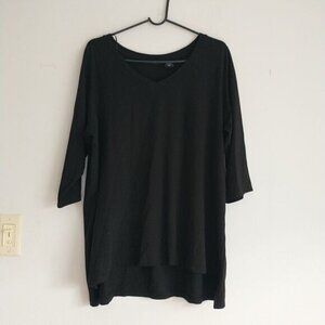TAHARI Top Swing Tunic 2X Black Stretch Pima Cotton Blend V-Neck Slits 3/4Sleeve